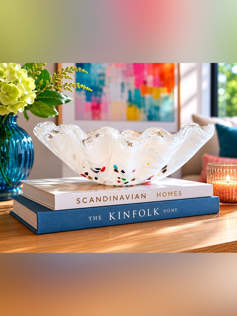 Murano Hand-Blown White Glass Confetti Bowl with Scalloped Edges